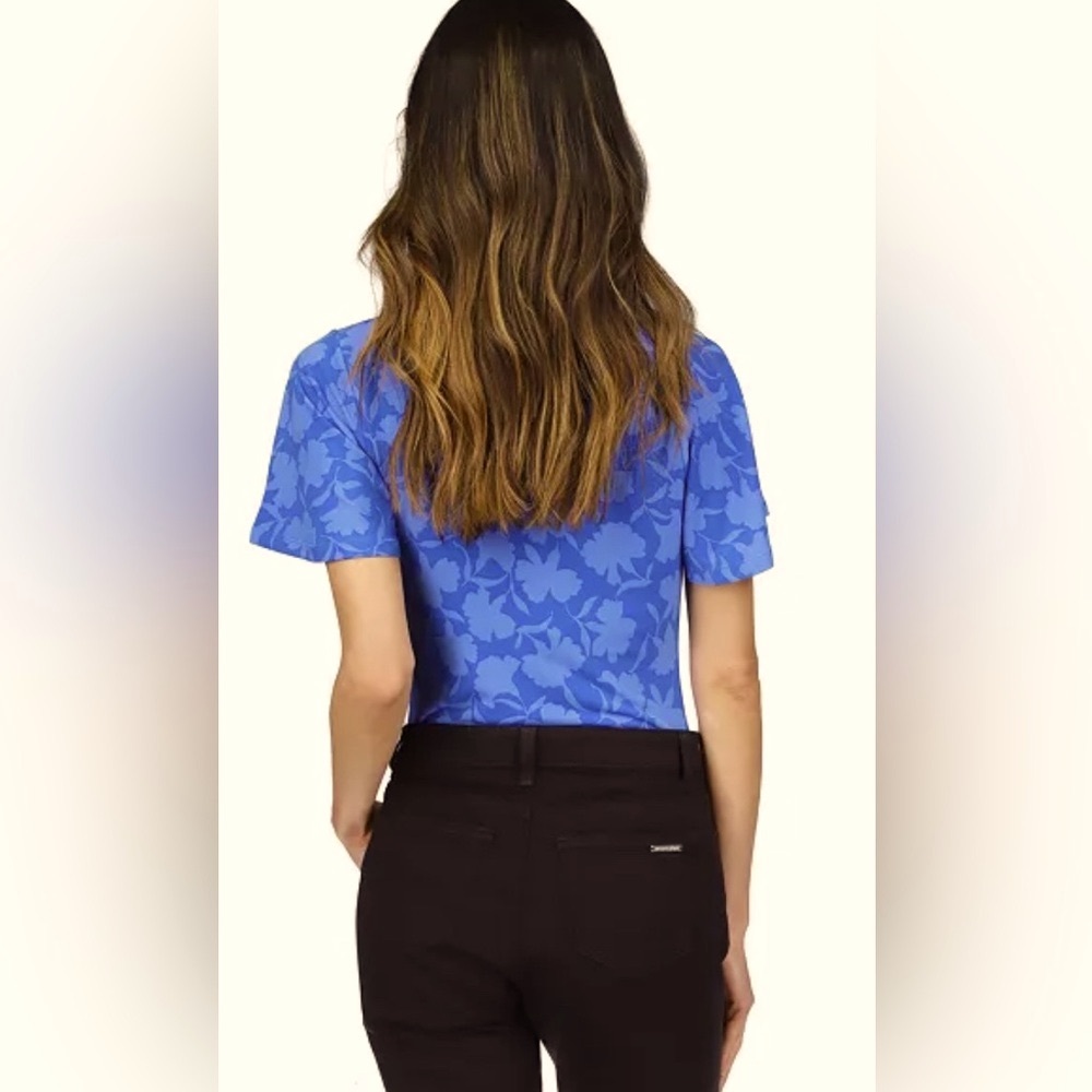 NWT [MICHAEL Michael Kors] Printed Ruched Top in Grecian Blue Women’s Petite XS - Picture 6 of 13
